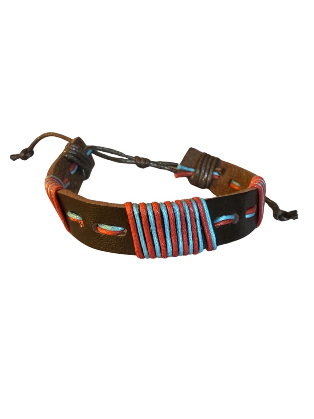Brown Leather Men's Bracelet with Blue & Orange Accents